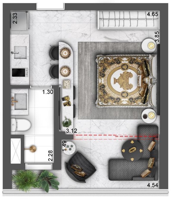 Planta do studio residencial do Villa Versace Moema. Sugestão de decoração, imagem ilustrativa.